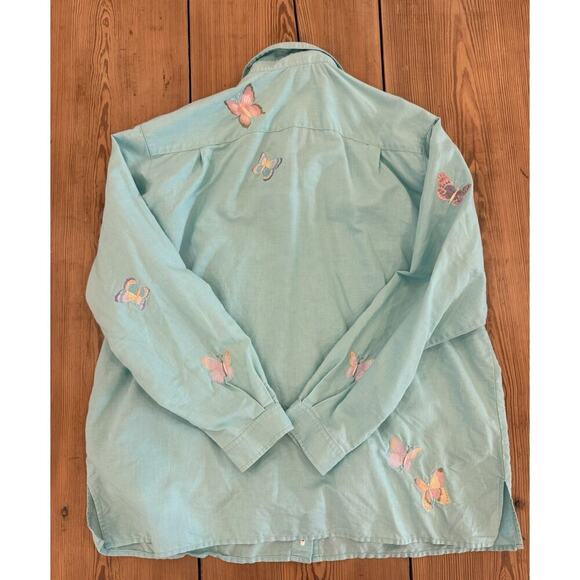 Women's Quacker Factory Butterfly Embroidered Linen Blend Button Up Blue XL - Picture 2 of 5